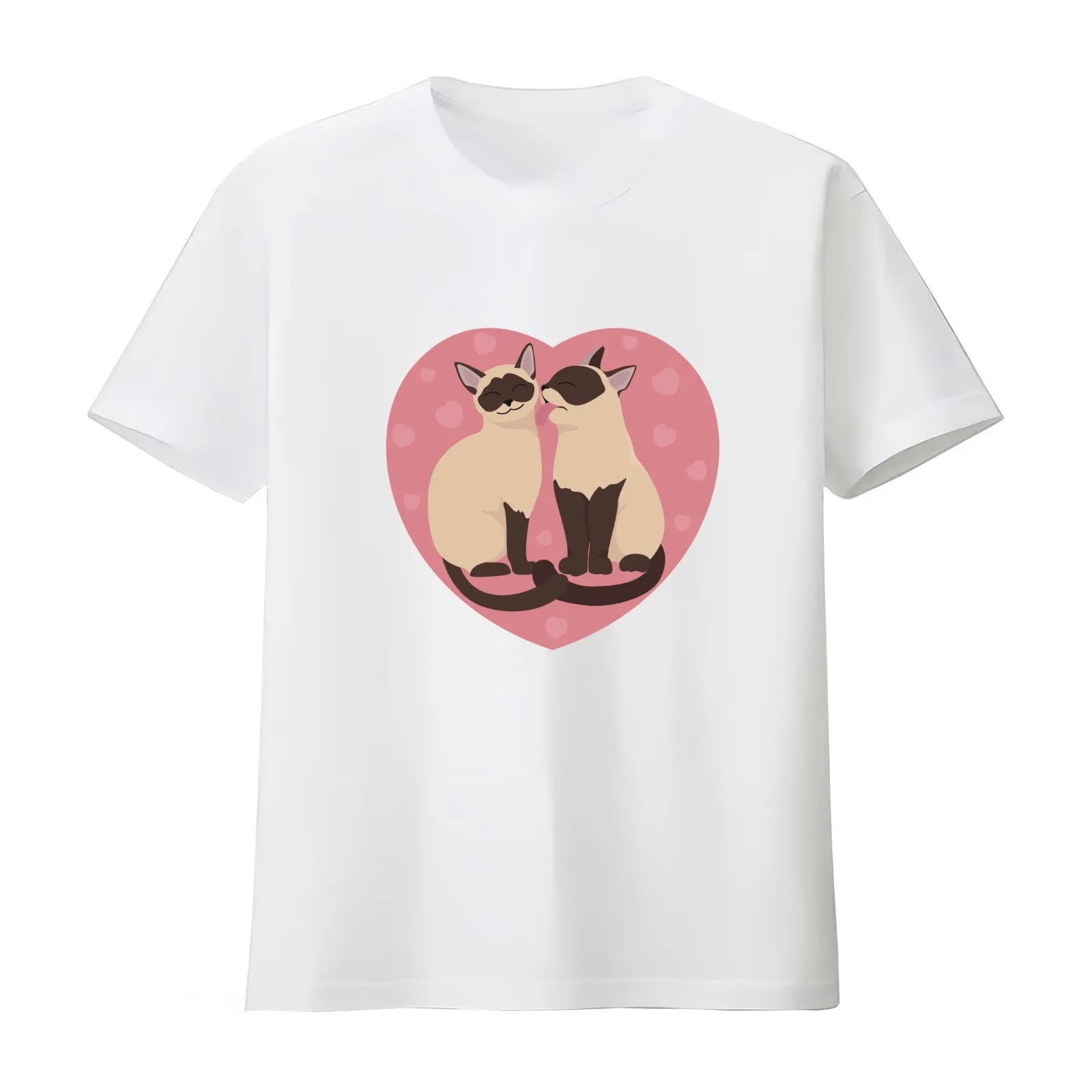 Two Siamese Cats in a Pink Heart T-Shirt Summer Casual Cotton Tee Oversized Streetwear Tops Vintage Graphic Print