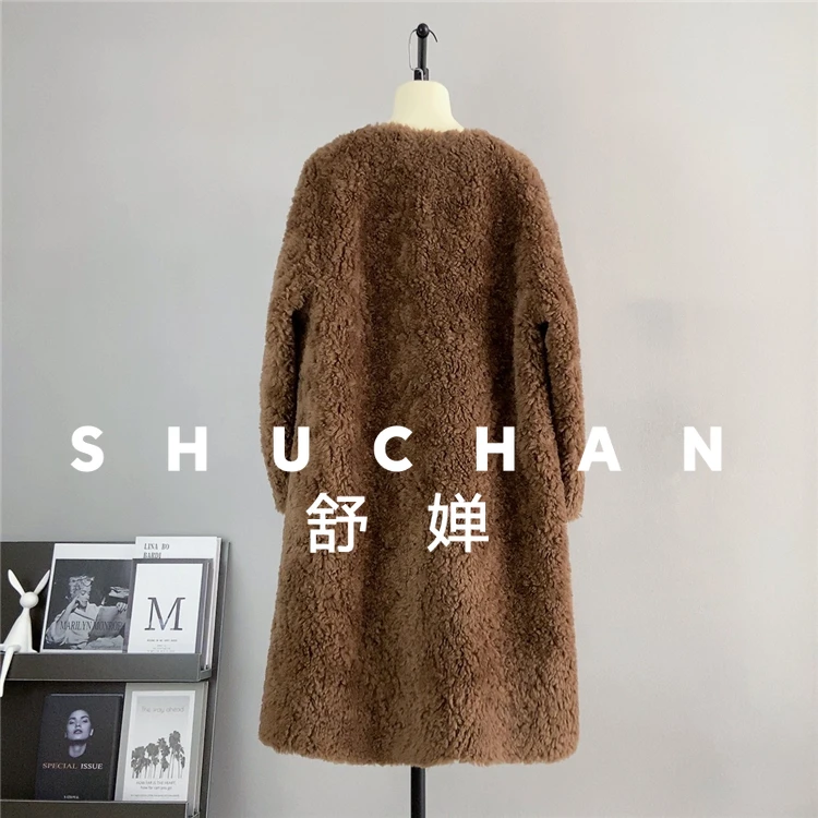 معطف صوف 100% للسيدات جديد دافئ فضفاض للخريف والشتاء جديد من فرو الضأن الفرنسي الخالص برقبة دائرية طويلة متكاملة