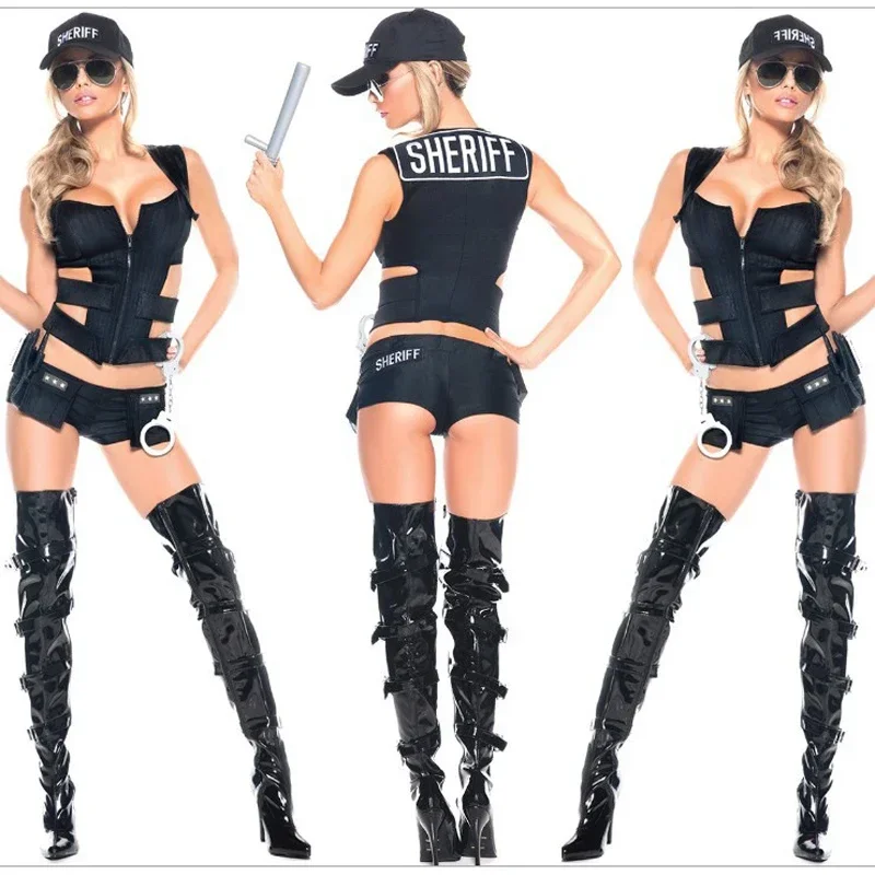 3 Pieces Sexy Women's Black Cop Game Stage Bar Police Secret Service Costume PA4529