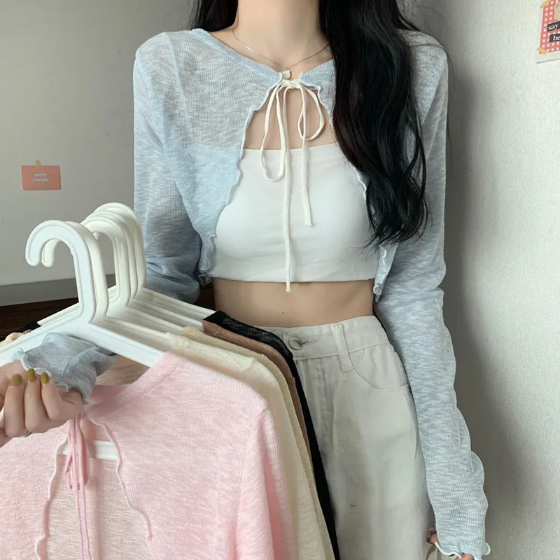 XPQBB Summer Thin Sun-proof Cardigan Women Candy Colors Sweet Long Sleeve Crop Tops Woman Bow Lace Up Shawl Airable Shorts Shirt