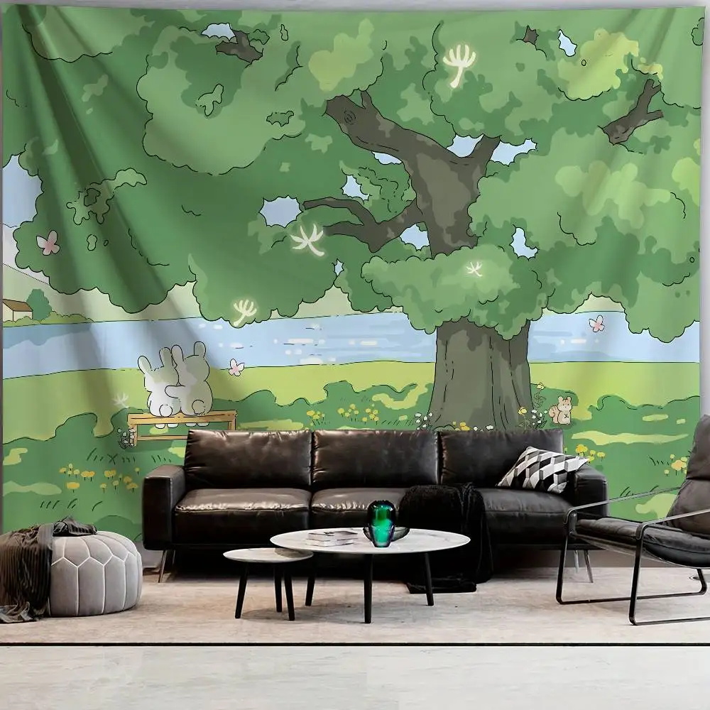 Cute Cartoon Forest Tapestry Kawaii Bunny Under Big Tree Lake Meadow Butterfly Green Landscape Soft Aesthetic Wall Decor