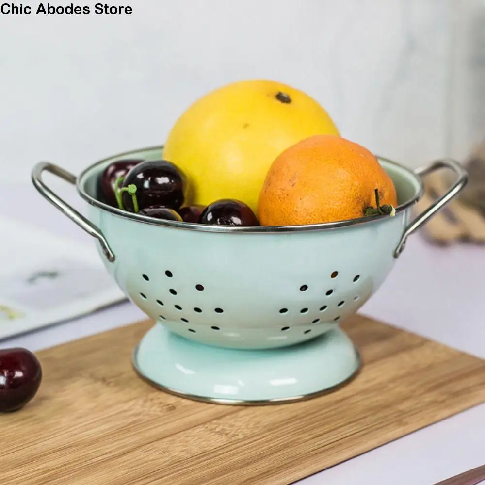 Carbon Steel Enamel Coated Fruit Basket Self Draining Drop-proof Fruit Drain Basket Rust-proof Vegetable Strainer Kitchen