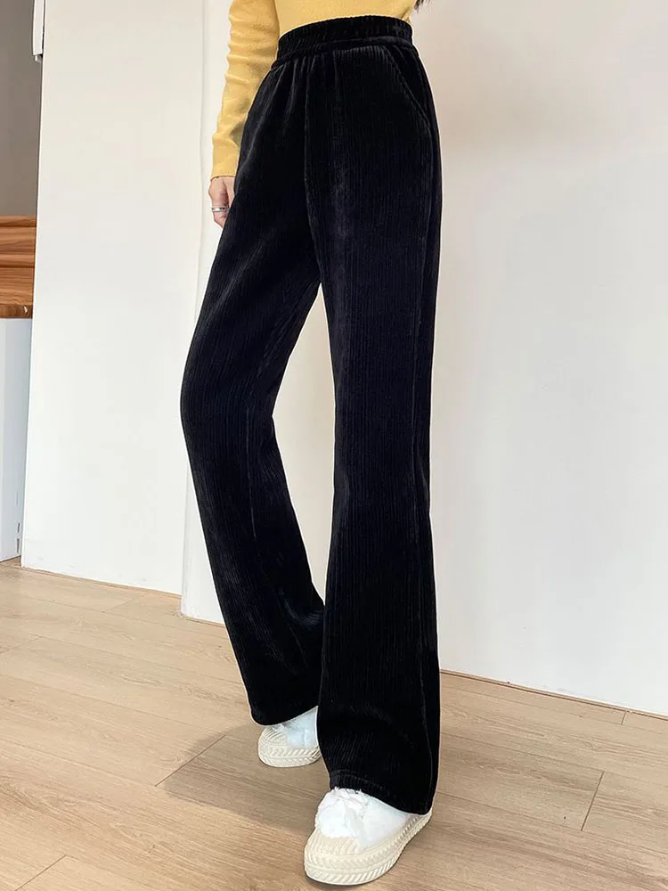 Winter Warme Dünne Flare Hosen Frauen Casual Elastische Hohe Taille Jogginghose Koreanische Mode Schnee Tragen Verdicken Samt Gefüttert Pantalones