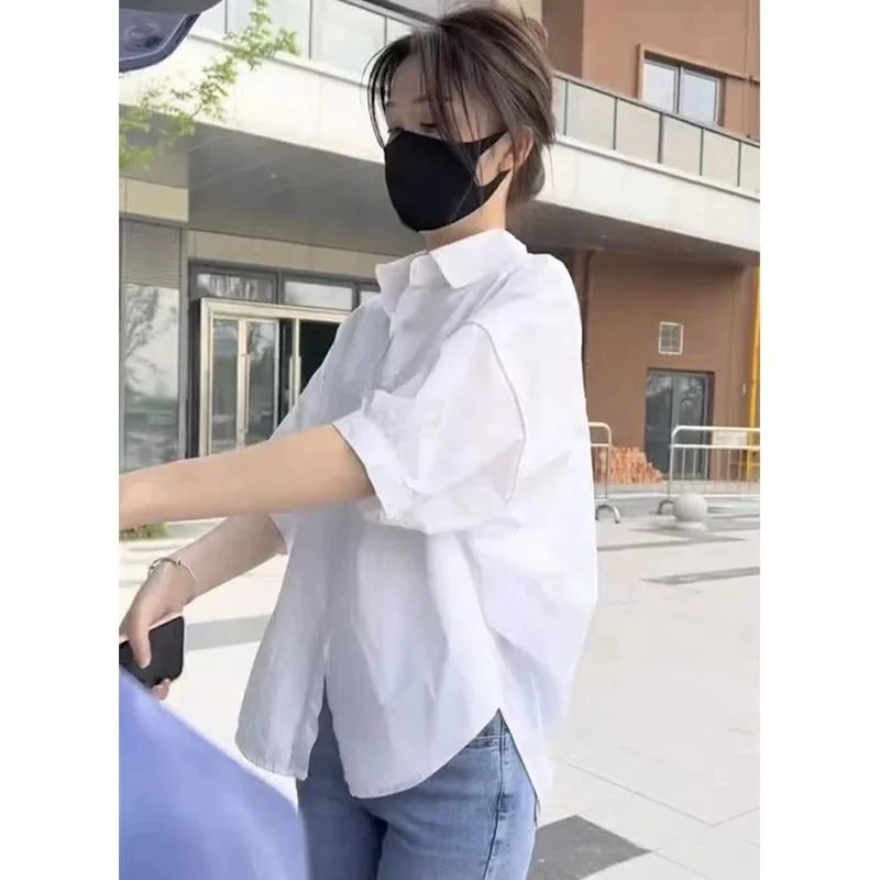 Summer plus Size Shirt Women's Five-Quarter Sleeve Casual Sunscreen Belly Covering White High-End Feeling Loose Fit  Neck