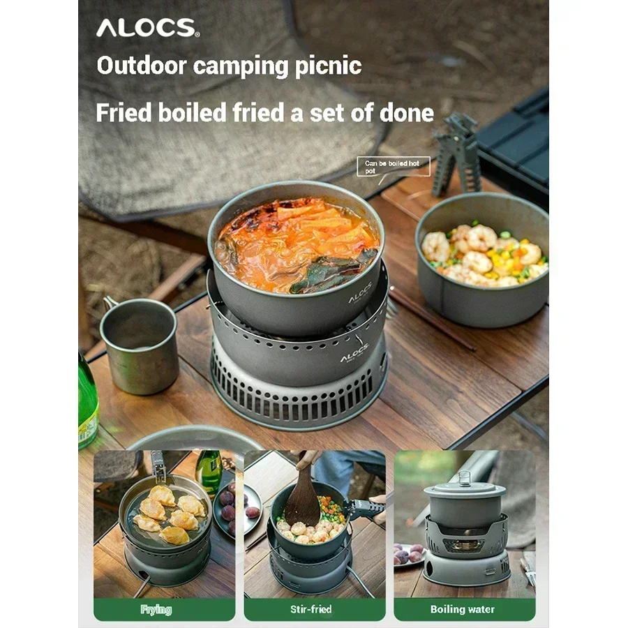 ALOCS  Stove Outdoor Cooker Windproof Camping Outdoor Cooking Portable Set Boiler Cookware Alcohol Boiling Pot Complete Set