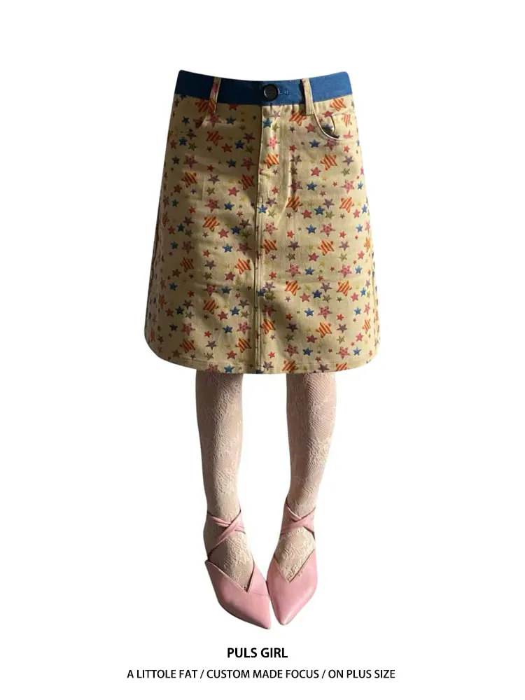 

Retro American Washed Star Print Denim A-Line Midi Skirt High Waist Women's plus Size Half Body Skirt Casual Summer Skirt