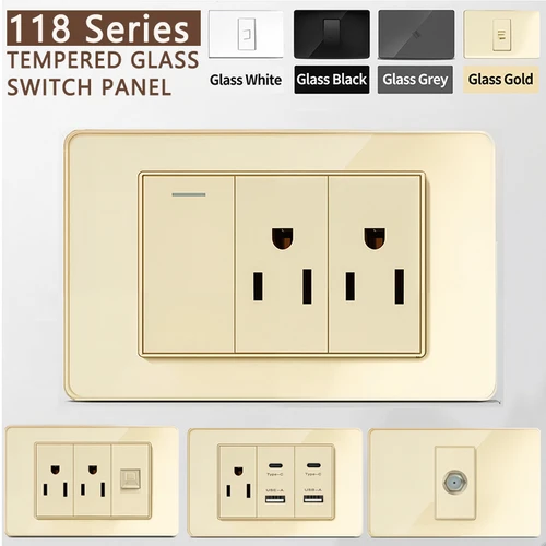 Toma de pared de vidrio templado 118, puertos USB duales tipo C, interruptor de luz, Panel de vidrio dorado de 110V, toma de corriente estándar americana
