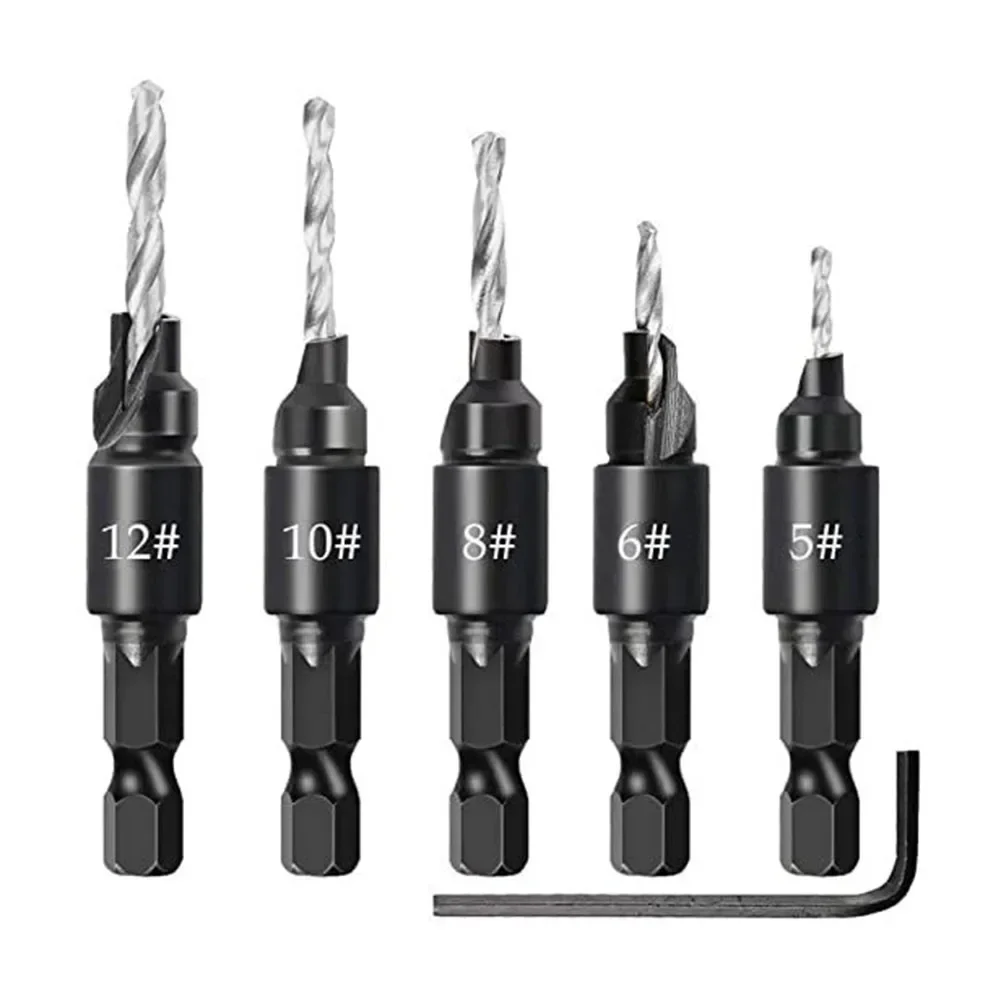 5pcs Hexagonal Shank Countersunk Drill Adjustable Woodworking Drill Bits Screw Holes Double Edged Punch Woodworking Tools