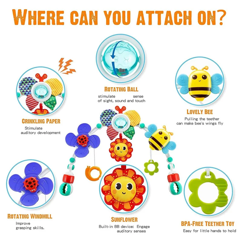 Berço de bebê B24C, berço de arco ajustável para bebês e crianças, arco de carrinho para estimular os sentidos do bebê