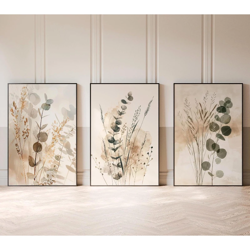 Juego de 3 Cuadros Botánicos Minimalistas Neutros, Decoración Escandinava para Dormitorio, Tríptico de Eucalipto, Arte Boho para Pared de Sala de Estar