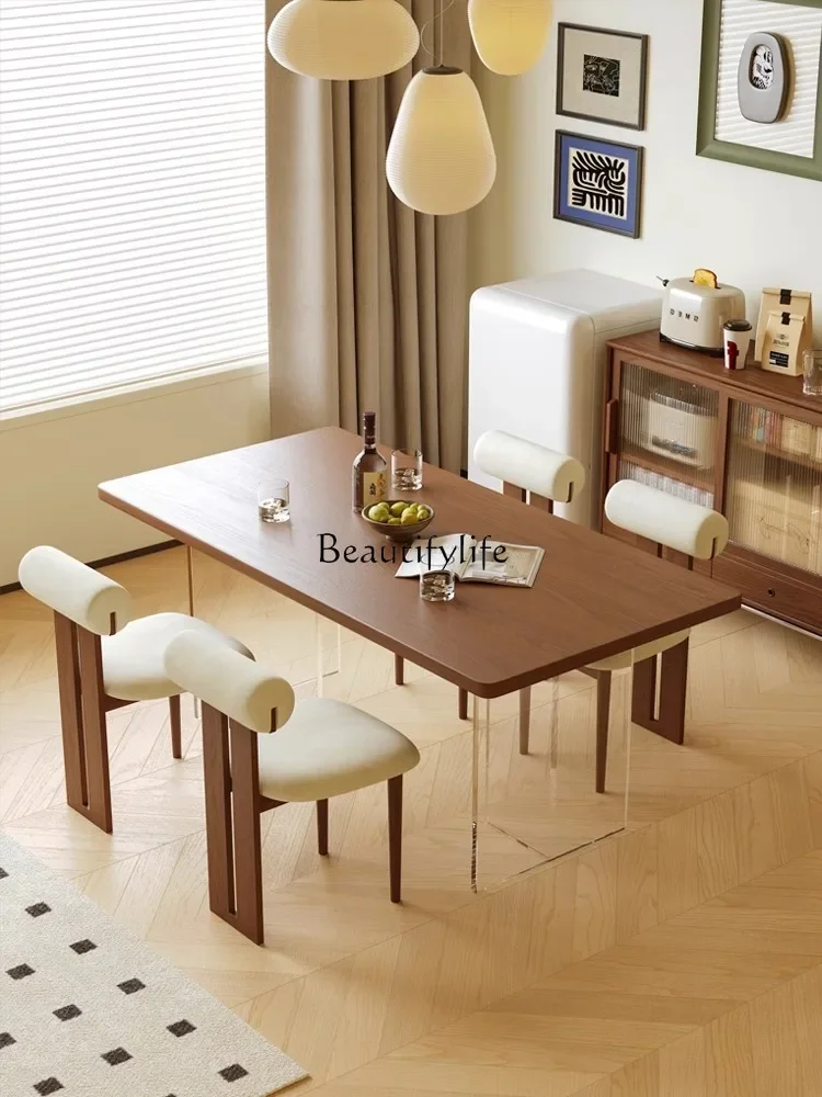 

yj7 Retro Style Floating Acrylic Solid Wood Dining Table for Small Apartments Simple Home Use Rectangular