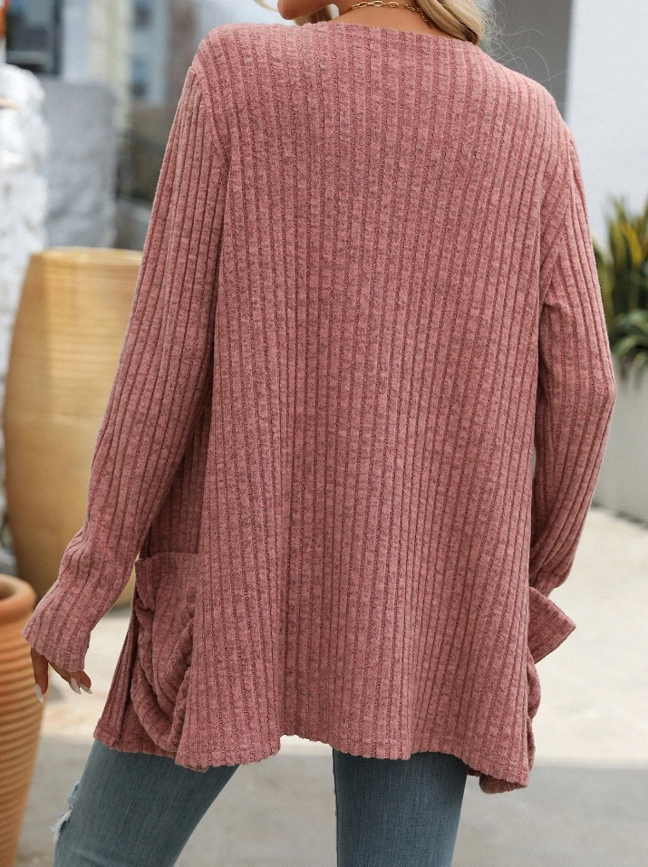 Women's Autumn Long Jacket Lazy Cardigan Wool Sweater Solid Color Pit Stripe Pleated Pocket Design Long Sleeved Casual Cardigan