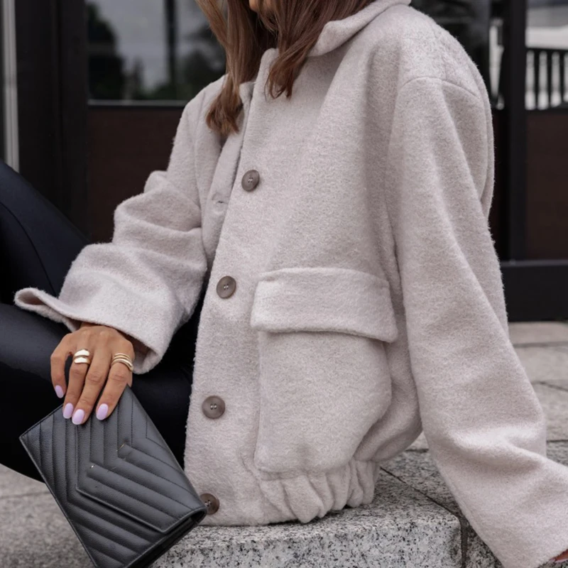 

New Winter Collar Long Sleeved Woolen Short Jacket Casual Single Breasted Solid Color Coat Women's Elegant Warm Slim Outerwear