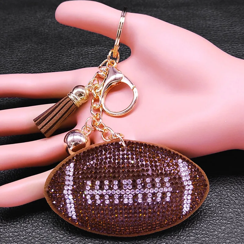 Cute Rugby American Football Crystal Key Chain for Bag Accessories Alloy Rhinestone Tassel Bell Car Key Ring Jewelry Gift K7366