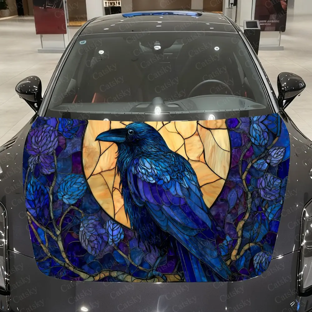 

Gothic Stained Glass Blue Raven Car Vinyl Wrap, PVC Material Waterproof Car Hood Sticker, Self-Adhesive Scratch-Resistant Sticke