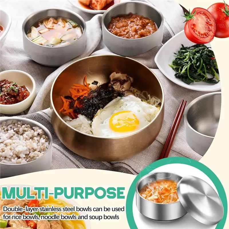 ABDJ-Double-Walled Anti-Scalding 12 Oz Stainless Steel For Cereal Bowl 4Pc Set With Lid For Korean Soup Rice Kitchen Restaurant