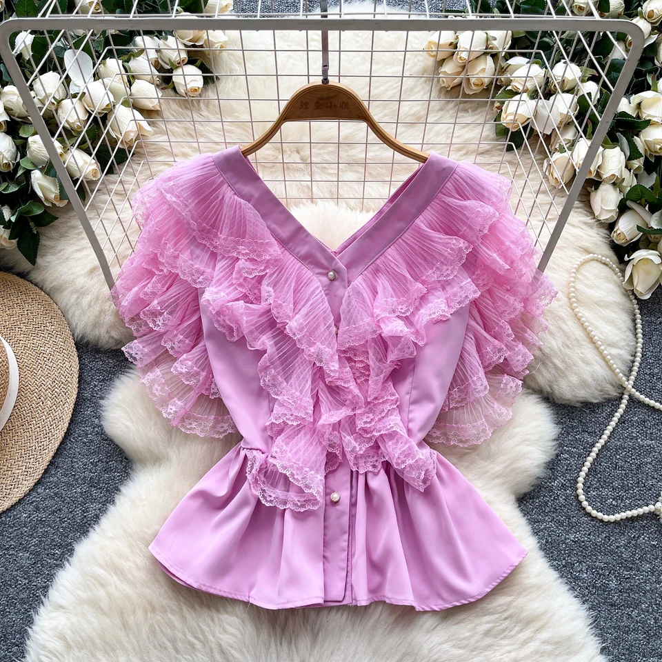 Vintage Elegant V-neck ruffle short sleeve Blouse Fashion Shirt