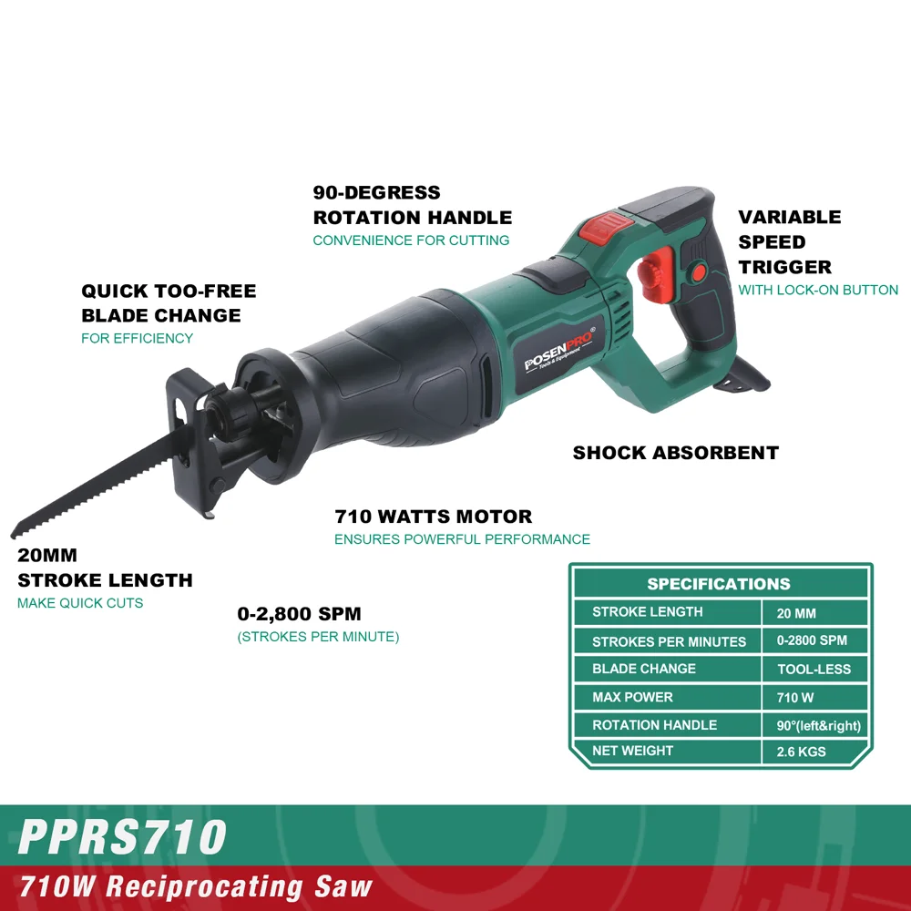 Piła szablasta elektryczna 710W, piła szablasta z regulacją prędkości, uchwyt obrotowy 180 stopni, zestaw 2 brzeszczotów do drewna/żelaza