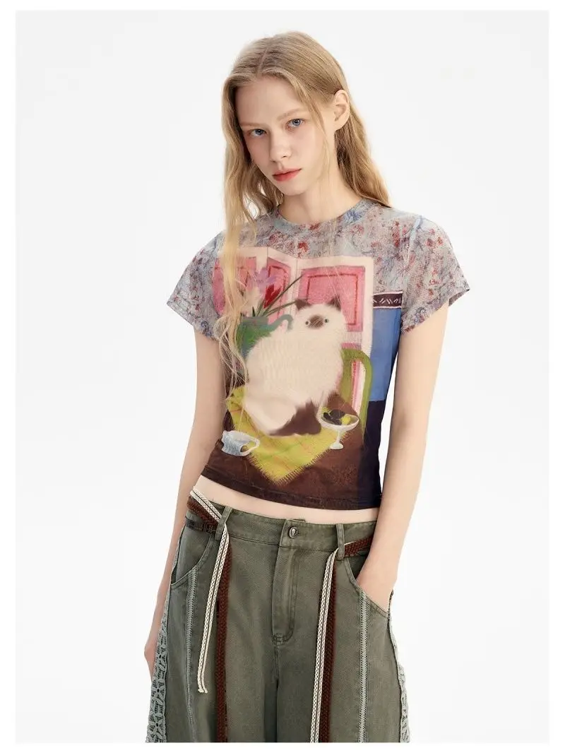 Américain rétro chat imprimé hauts T-shirt femmes mignon T-shirt à manches courtes mince coréen légèrement Transparent maille mince Ins hauts courts