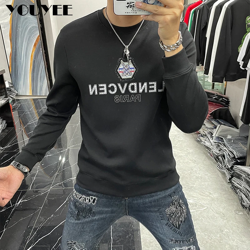 Men\'s Slim Hoodies Rabbit Print Hot Diamond Male Sweatershirts Casual Round Neck White Pullover Autumn Winter New Man Clothing