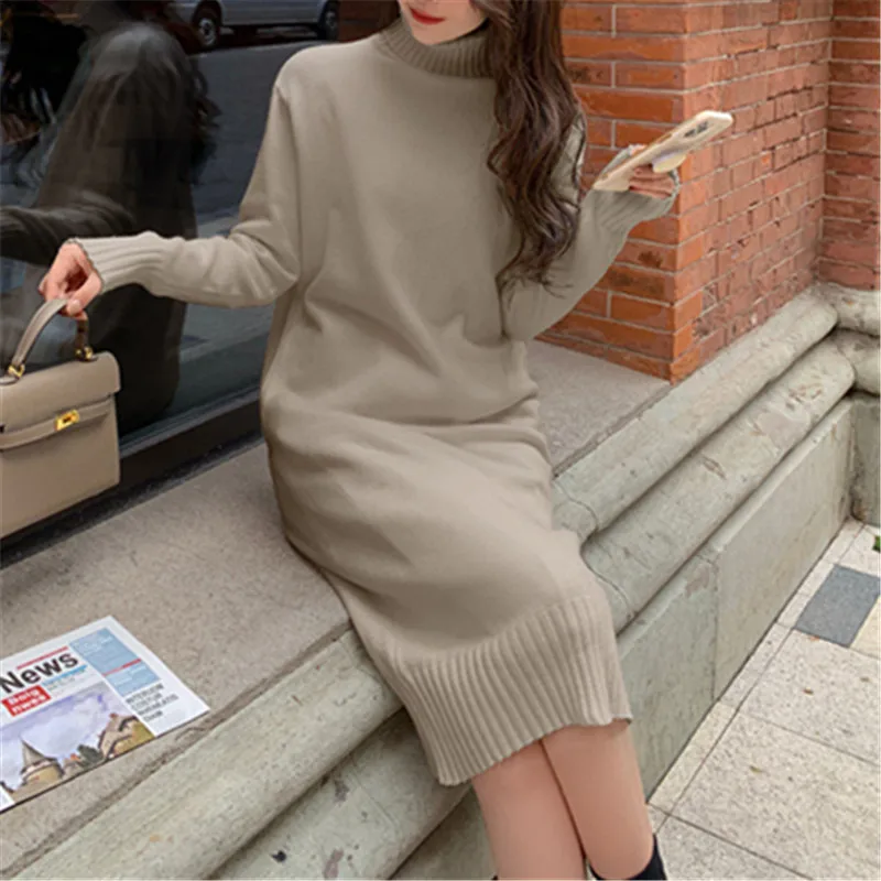 Abito lungo lavorato a maglia da donna primaverile Autunno Inverno Maglione allentato da donna Pullover Dolcevita Abiti casual solidi Donna Плаusе