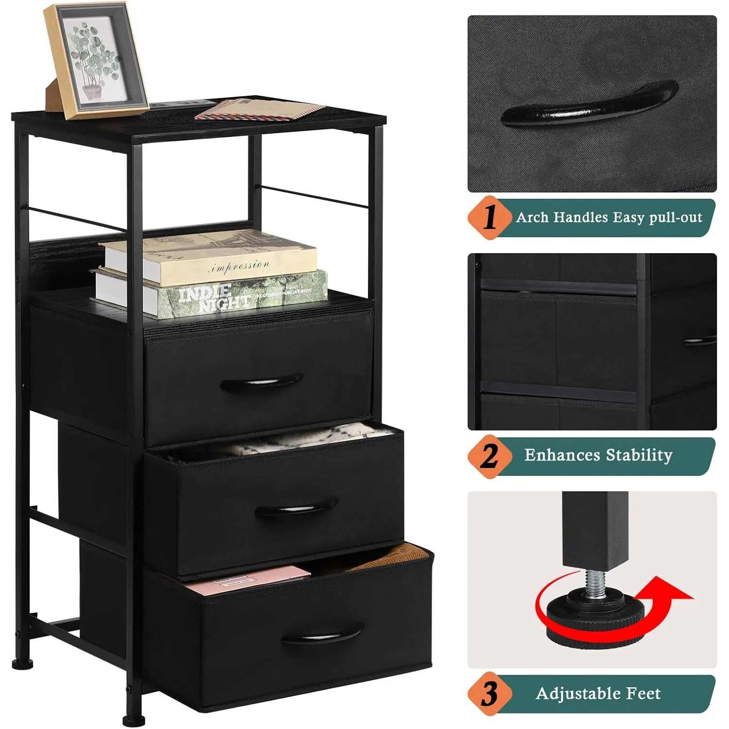 Nightstand with Charging Station, Side Table with Fabric Drawers, End Table with USB Ports and Outlets for Bedroom and Living Ro