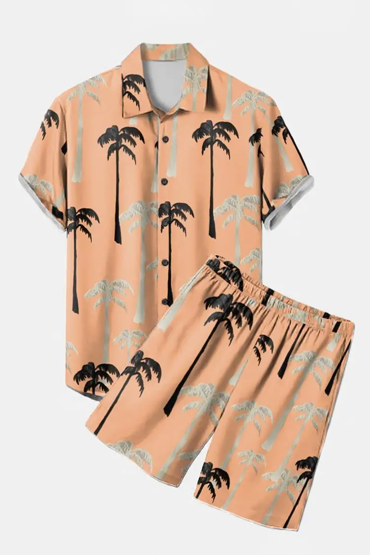 Men's Hawaiian Short Sleeved Shirt And Shorts Paired With Coconut Tree Print Two-piece Bottom Collar Button Up Shirt Beach Short