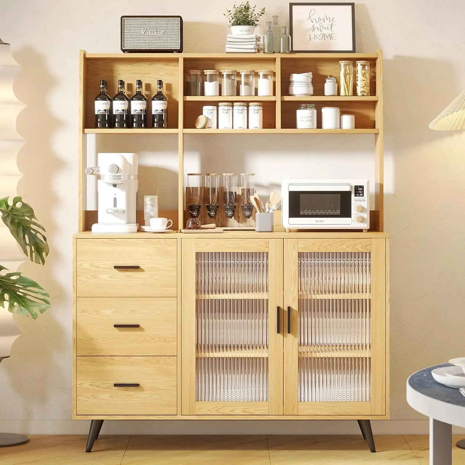 

Kitchen Hutch Storage Cabinet, Freestanding Kitchen Pantry with Glass Doors and 3 Drawers, Modern Sideboard Buffet Cabinet