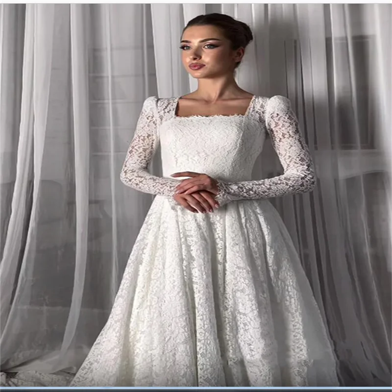 Saudi White  Wedding Dress High Neck Customized Full Sleeves Court Train Vestido De Noiva Arabian Lace Bridal Gown A Line Design