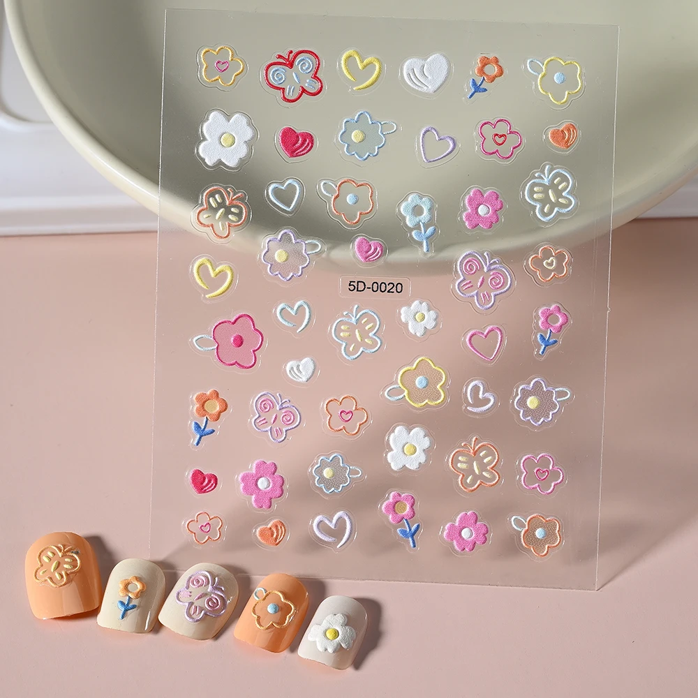 1 pçs 5d em relevo primavera flores adesivos de unhas dos desenhos animados floral carta/coelho/morango slider forgirl crianças diy manicure decalque