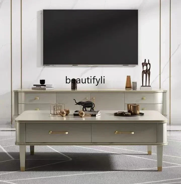 

54Light luxury TV cabinet coffee table combination living room floor cabinet modern simple American solid wood video cabinetSSS