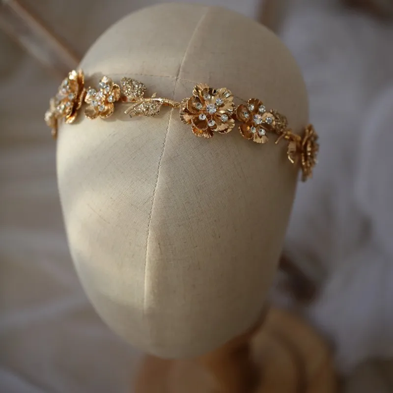 Delicate Gold Color Floral Women Crown Wedding Hair Tiara Crystal Bridal Headpiece Handmade Vintage Hairband