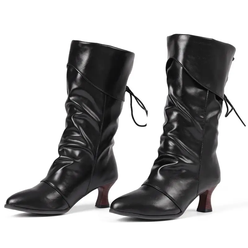 ORCHA LISA 2026 Female Calf Boots Tapered Toe 6cm Chunky Heel Tie Up Wide Extended Size 32 33 48 49 50 Coffee Black White