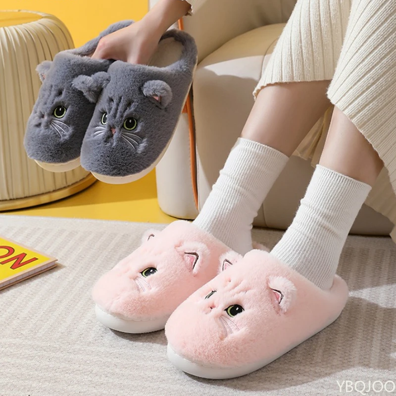 New Autumn Winter Cotton Slippers Men and Women Couple Cartoon Kitten Indoor Plush Flat Bottom Home Warmth Women's Cotton Mop