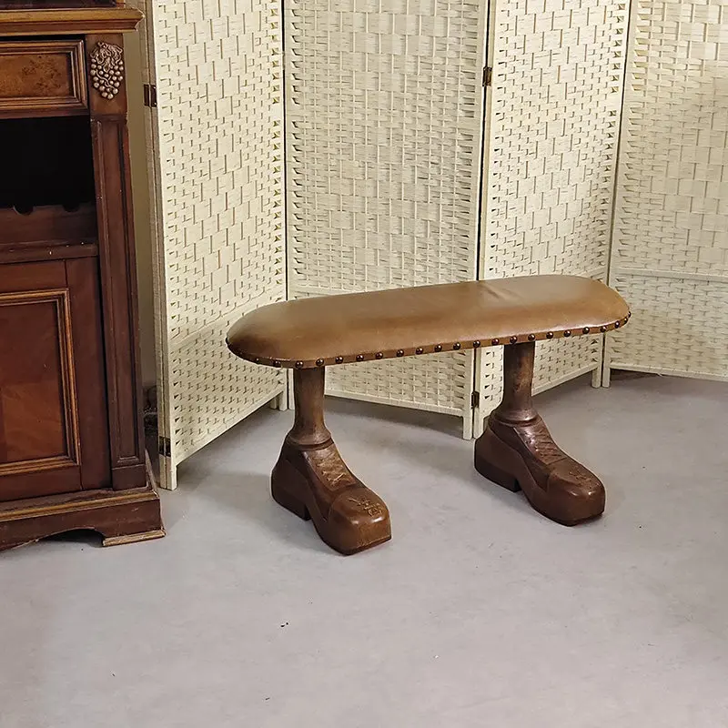 

Cowhide shoe changing bench leather low stool retro stool decorative stool