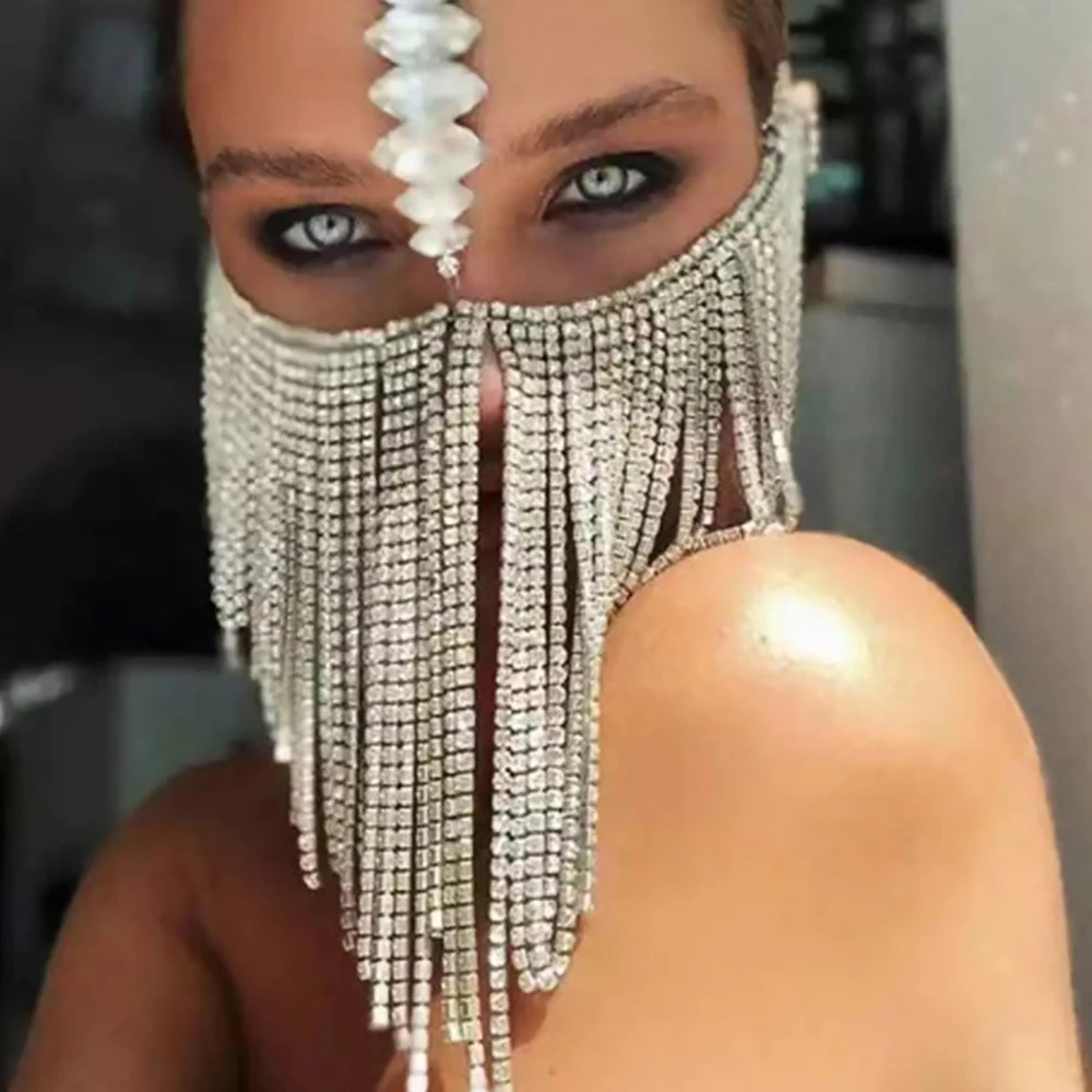 Irregular Tassel Rhindiamond Masks Fashion Exaggerated And Luxurious Ball Party Face Jewelry Ladies' Retro Jewelry Accessories