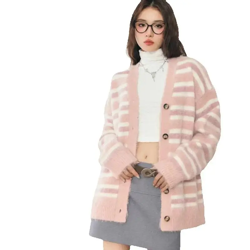 

Soft waxy imitation mink fleece striped sweater cardigan jacket women's autumn and winter high-end lazy style knitwear tide