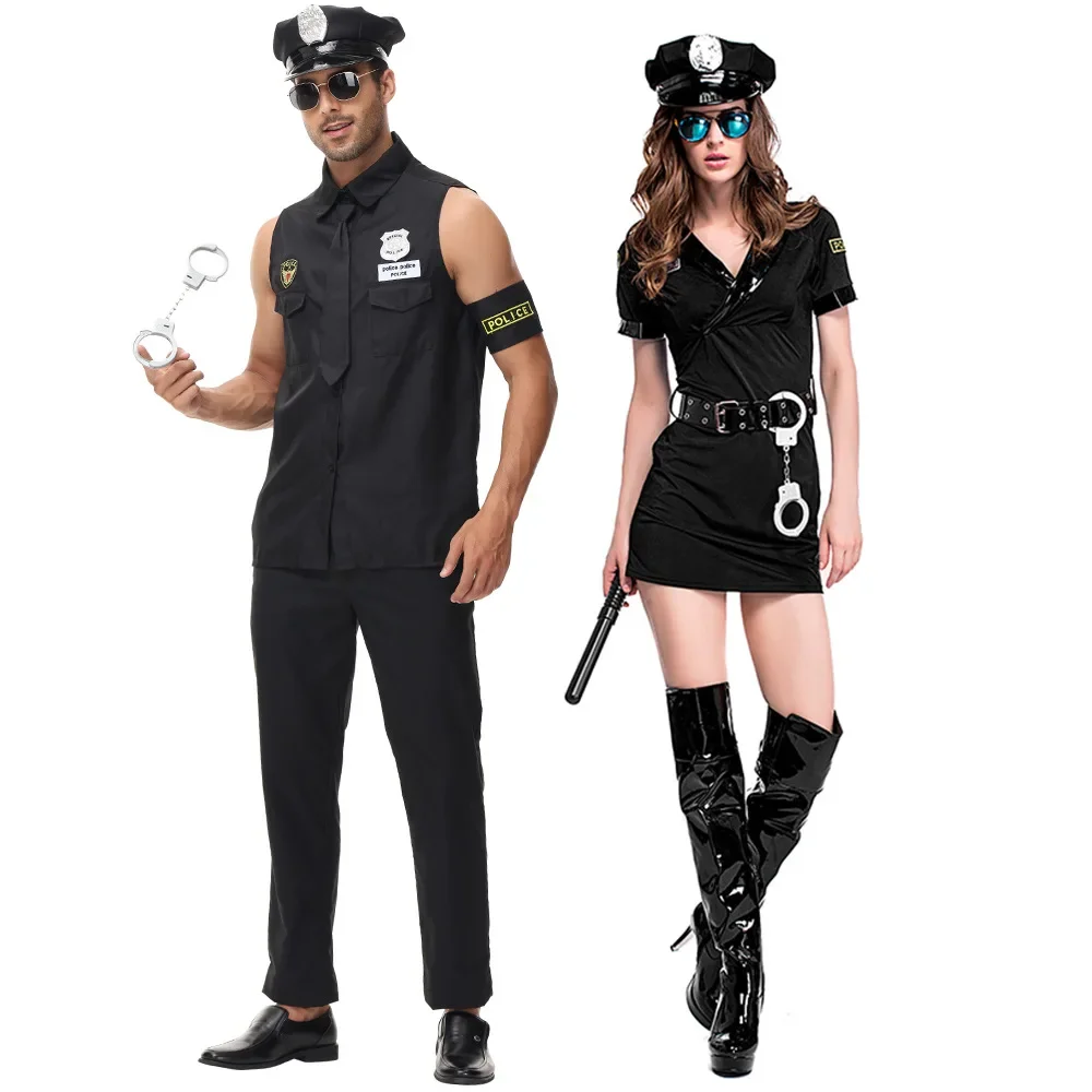 Halloween Party Cosplay Uniforme policial para homens e mulheres, policial sexy preta, terno adulto, vestido extravagante, casais, casais