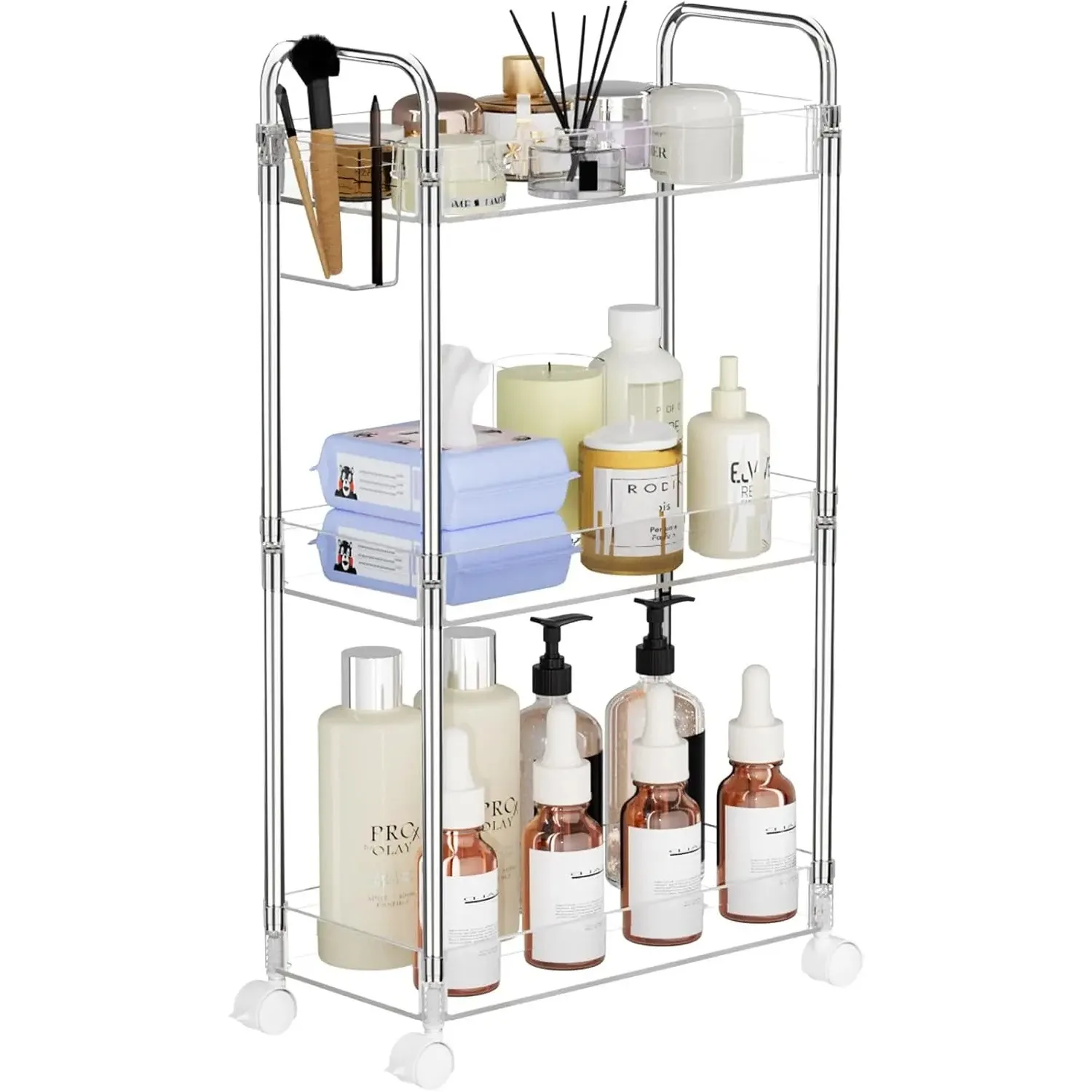 3 Tier Acrylic Storage Rolling Cart Bathroom Organizer, Mobile Shelving Unit Multifunction Rolling Cart for Office Living Room