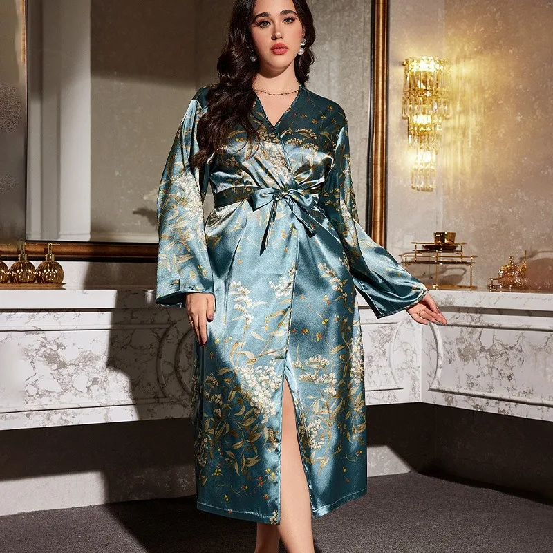 

Large Size 3XL-5XL Female Long Robe Print Cherry Kimono Dressing Gown Rayon Bathrobe Nightgown Casual Home Clothes Loungewear
