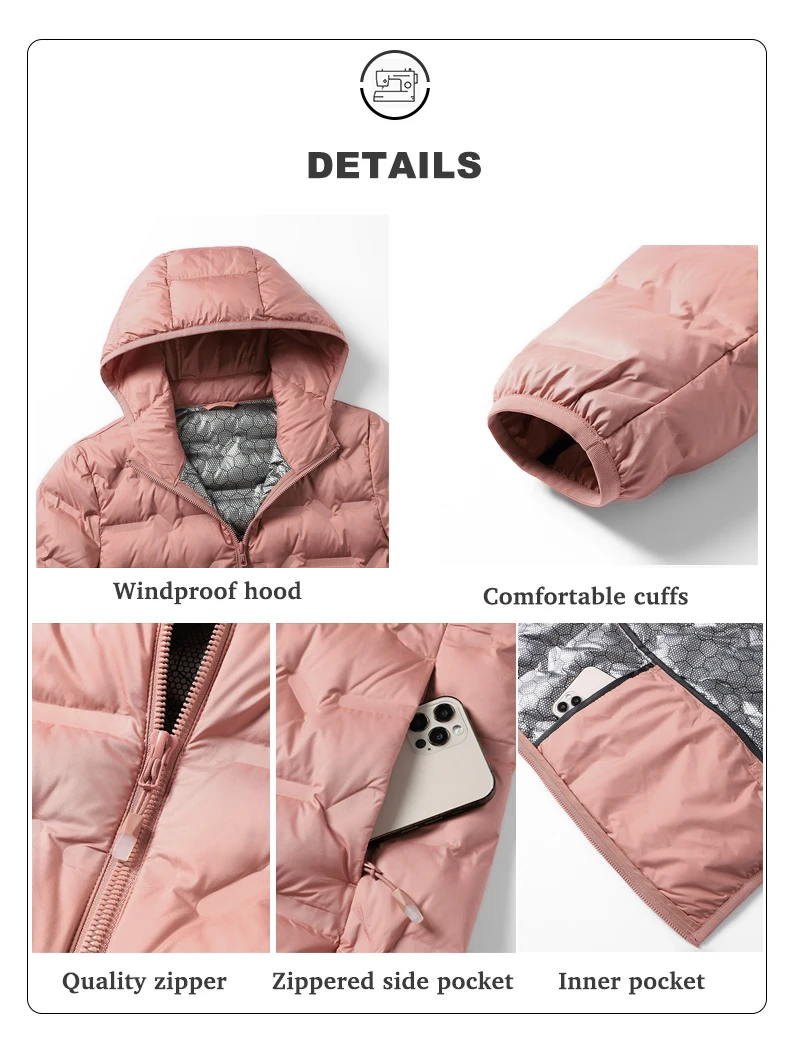 LNGXO Damen-Winter-Daunenjacke, Entendaunen, leichte, gepolsterte Jacken, Camping, Klettern, Trekking, Graphen-Futter, warmer Mantel – Detail 8