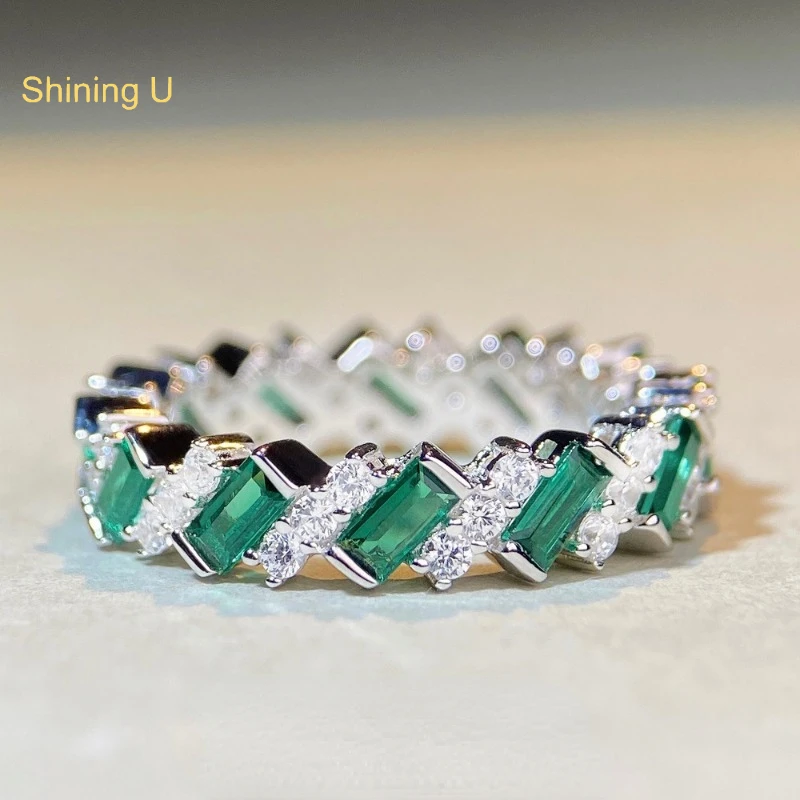 

Shining U S925 Silver Emerald Cut Full Diamond Gems Ring for Women Fine Jewelry Anniversary Gift