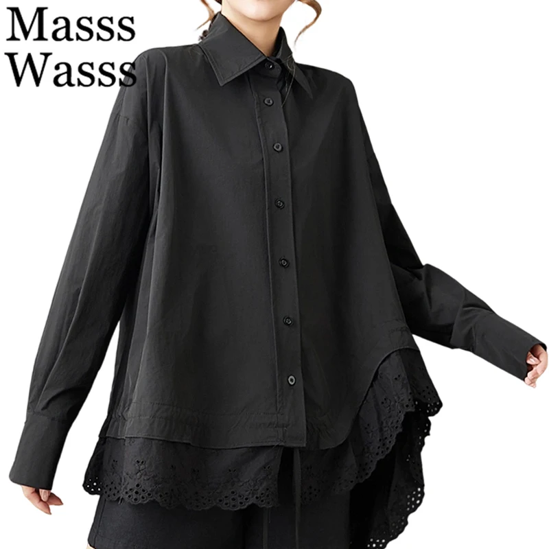 

Masss Wasss 2026 Korean Soild Oversized Shirts Ladies Classic Fashion Loose Lace Tops Womens Spring Leisure Long Sleeve Blouses