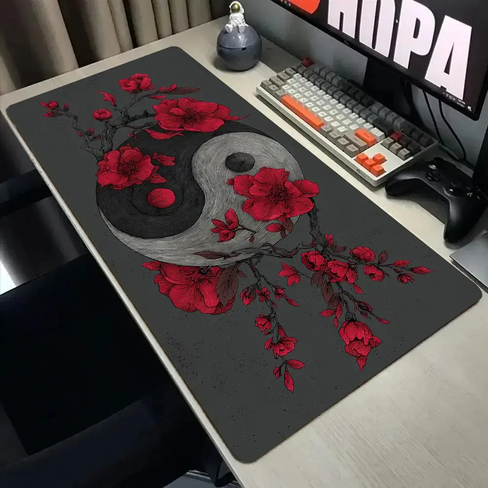 

Коврик для мыши с красным цветком и символом Тай-чи, настольный коврик с прошитыми краями, нескользящие игровые коврики, аксессуары для ПК, коврик для клавиатуры, коврик для мыши