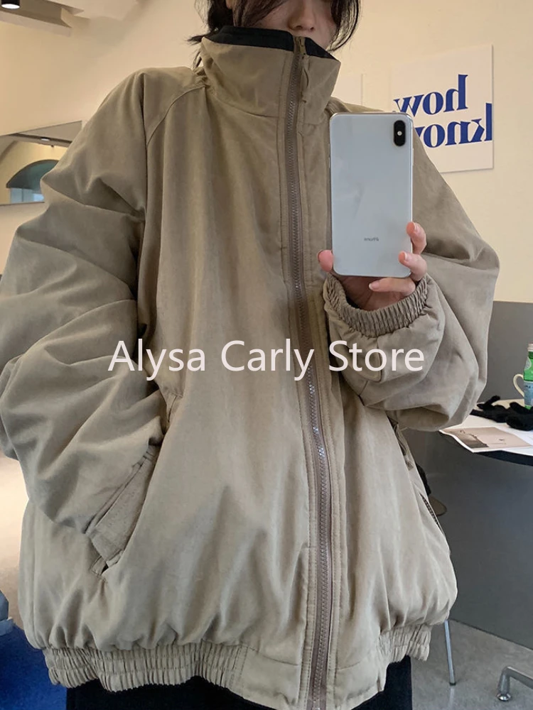 Parkas de rua casual feminina, caqui coreano, streetwear com zíper, casaco quente, moda feminina, tendência, casacos vintage, inverno, novo, 2024