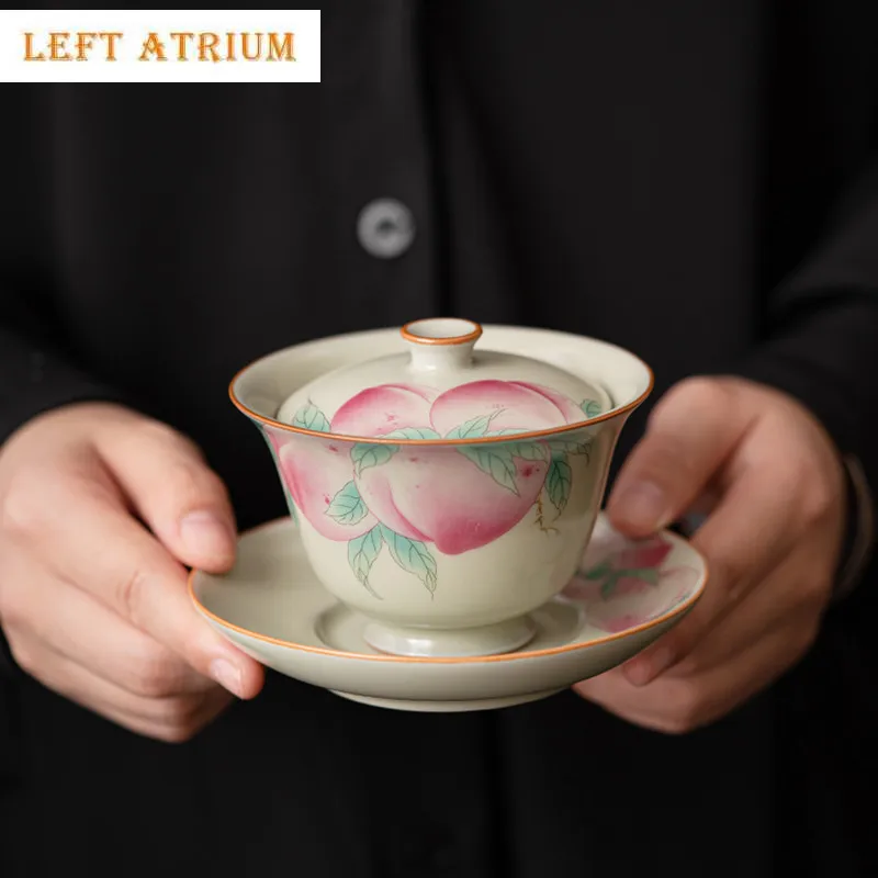 

Chinese Retro Ru Kiln Gaiwan Hand-painted Peach Pattern Ceramic Tea Tureen Teacup Handmade Tea Bowl Travel Teaware Accessories