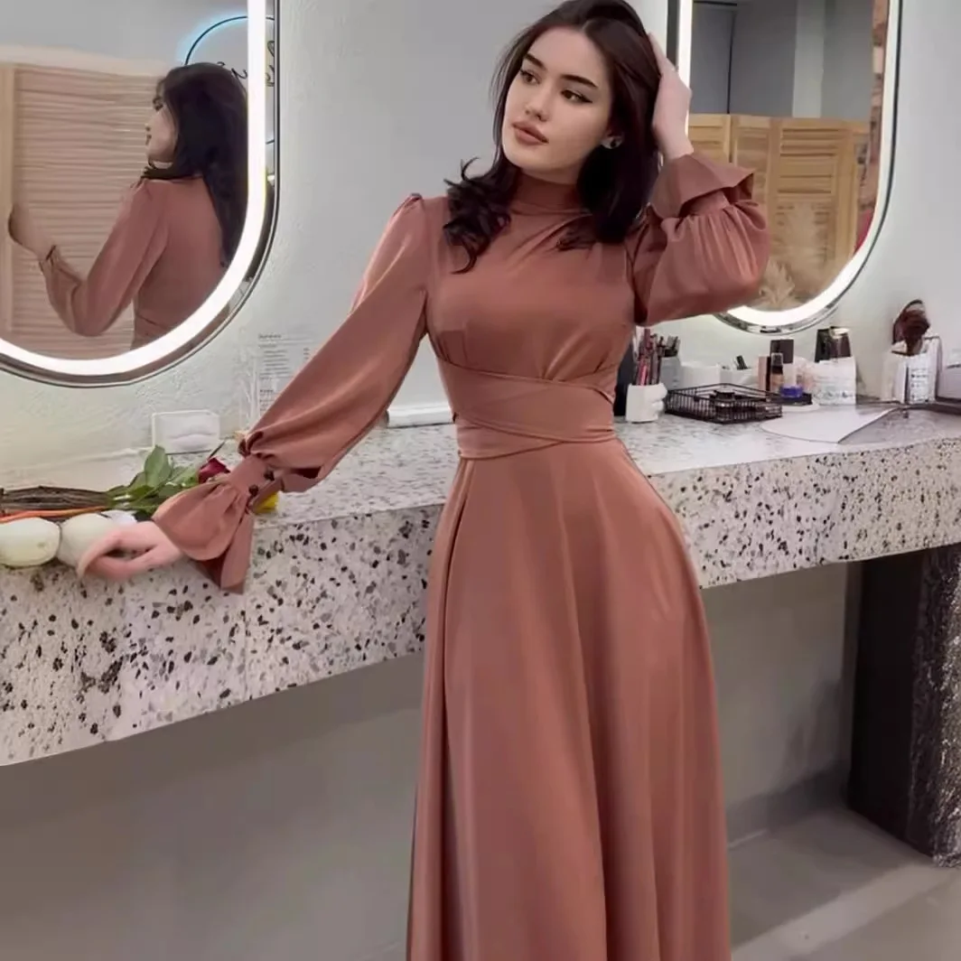 2023 Autumn Satin Long sleeved Elegant Women's Wear Waist Closing Dress