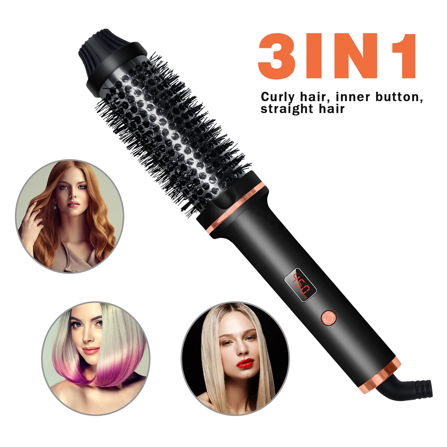 Curling Iron Brush PTC Heated Thermal Brush Ceramic Hair Curler Hot Brush Create Loose & Volume Curls Heating Hair Styling Brush