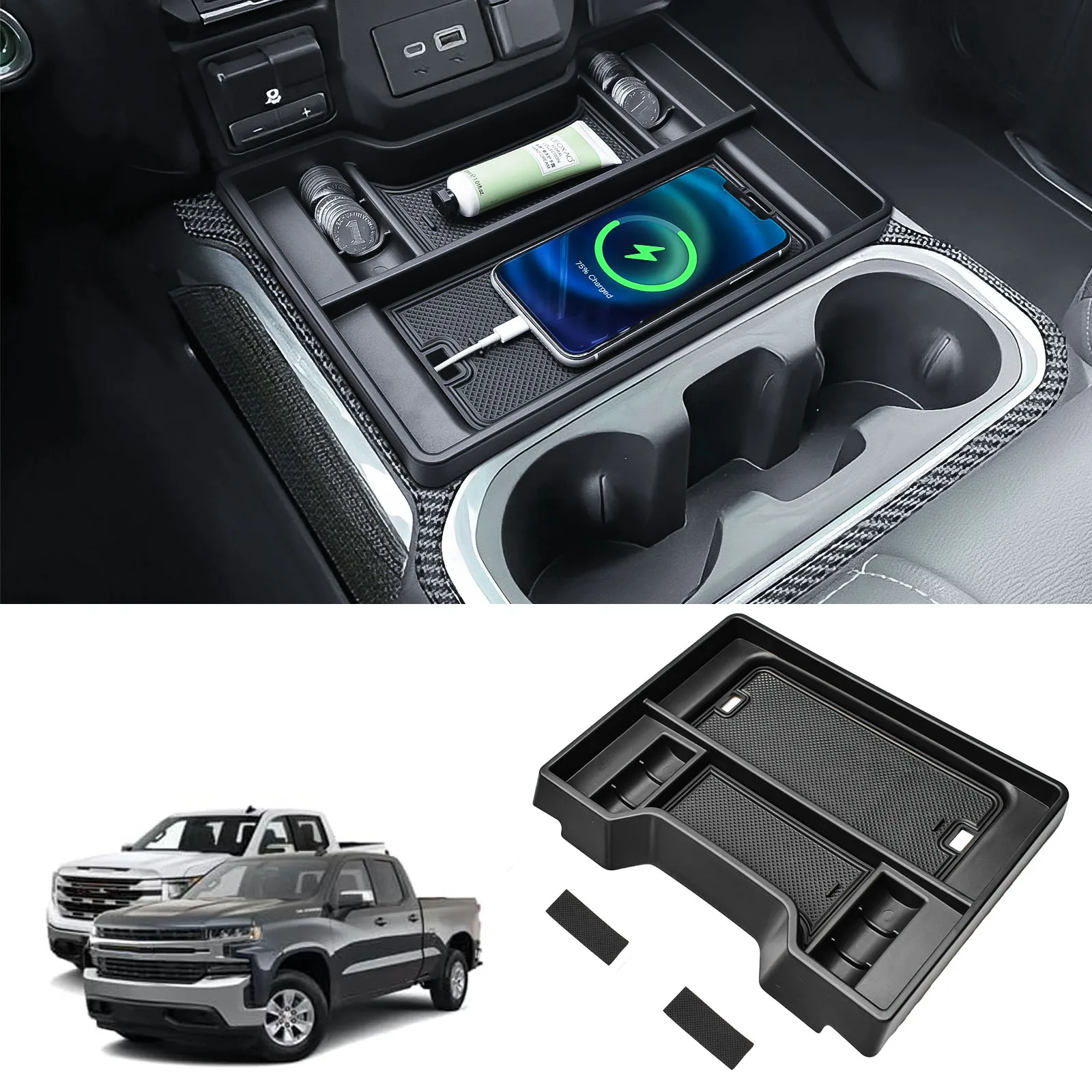 Organizador de consola central frontal para consola completa Chevy Silverado/GMC Sierra 2019-2022 con solo asientos de cubo, bandeja de caja de almacenamiento media