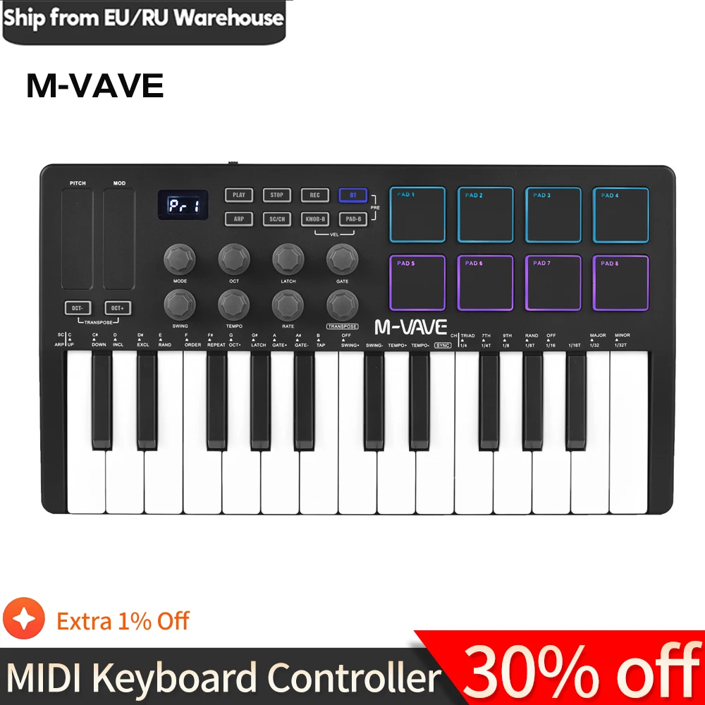 

M-VAVE 25-Key MIDI Control Keyboard Mini Portable USB MIDI Keyboard MIDI Controller & Sensitive Keys 8 RGB Backlit Pads 8 Knobs